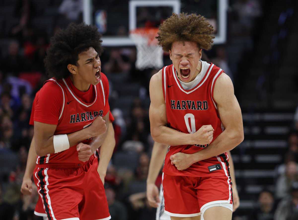 Harvard-Westlake's Trent Perry and Robert Hinton celebrate during Saturday's CIF State Open Division championship game